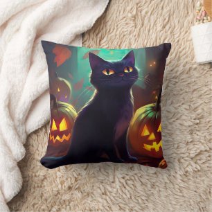 Halloween Tuxedo Cat With Pumpkins Scary Cushion