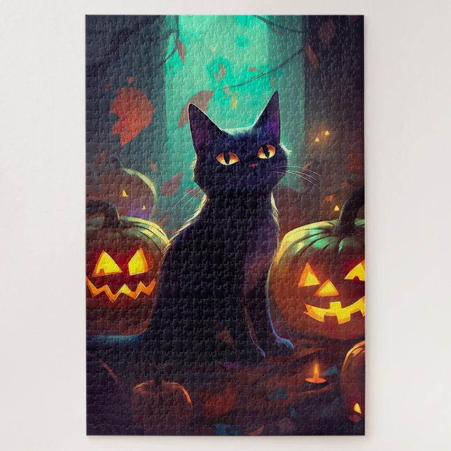 Halloween Tuxedo Cat With Pumpkins Scary Jigsaw Puzzle (Vertical)