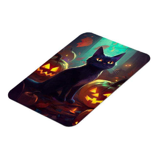 Halloween Tuxedo Cat With Pumpkins Scary Magnet (Left Side)