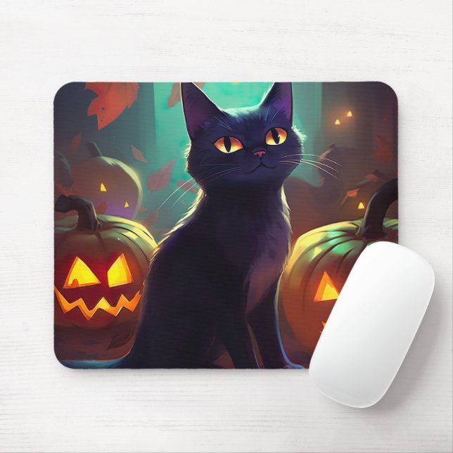 Halloween Tuxedo Cat With Pumpkins Scary Mouse Mat (With Mouse)