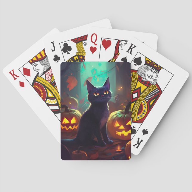 Halloween Tuxedo Cat With Pumpkins Scary Playing Cards (Back)