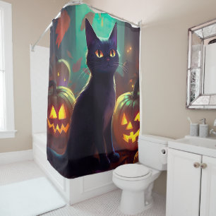 Halloween Tuxedo Cat With Pumpkins Scary Shower Curtain