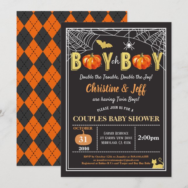 Halloween twins baby boy couples shower pumpkin invitation (Front/Back)
