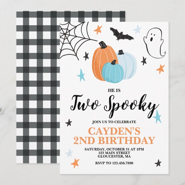 Halloween TWO Spooky 2ND Birthday Blue Pumpkins In Invitation (Front/Back)