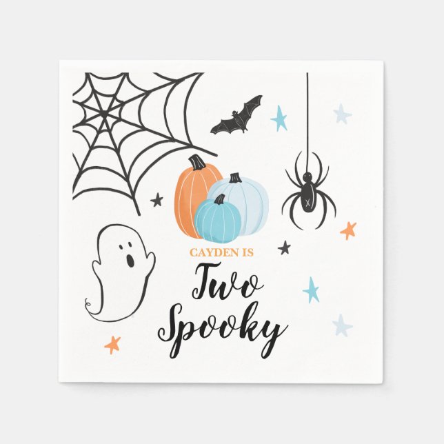 Halloween Two Spooky 2nd Birthday Blue Pumpkins Napkin (Front)