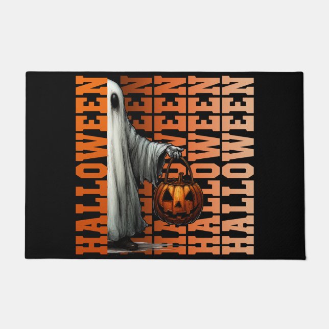 Halloween typography cool ghost pumpkin gift ideas doormat (Front)