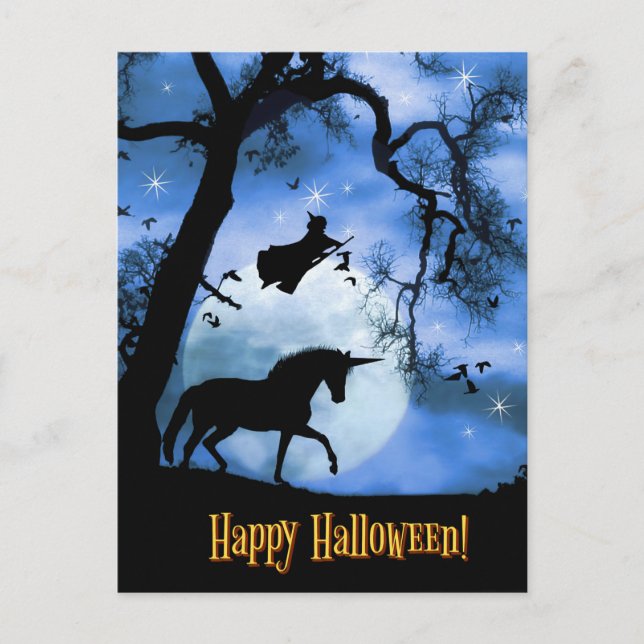 Halloween Unicorn and Witch Postcard (Front)