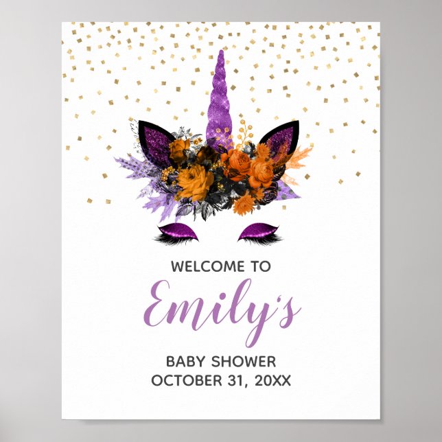 Halloween Unicorn Baby Shower Purple Welcome Sign (Front)