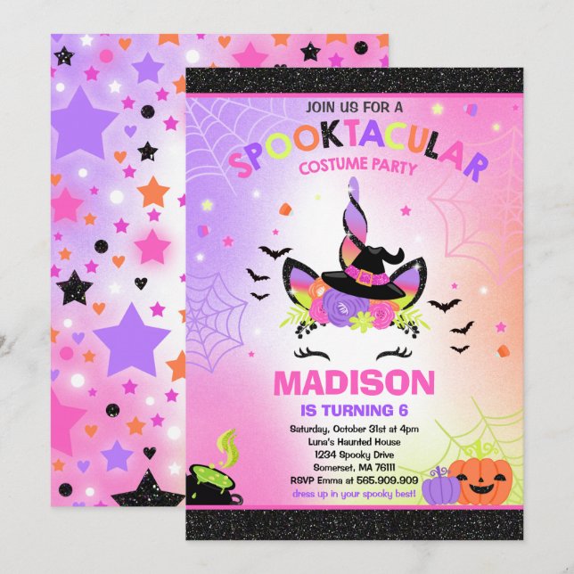 Halloween Unicorn Birthday Invite Halloween Party (Front/Back)