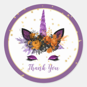 Halloween Unicorn Face Girls Birthday Party Purple Classic Round Sticker