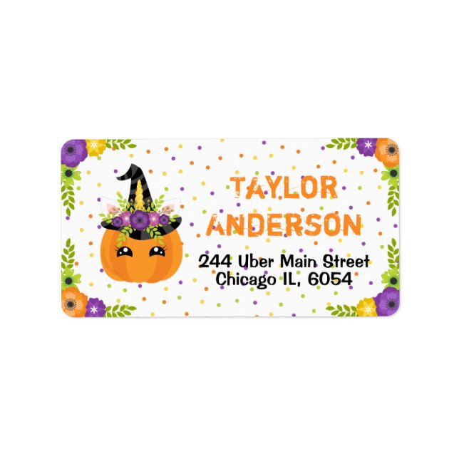 Halloween Unicorn Floral Pumpkin Orange and White  Label (Front)