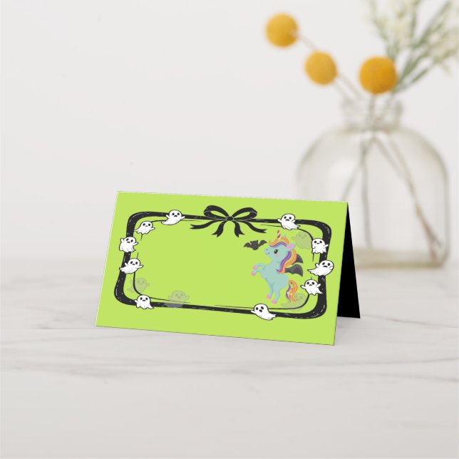 Halloween Unicorn Greeting Bat Green Place Card (Front)