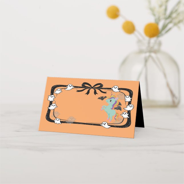 Halloween Unicorn Greeting Bat Orange Place Card (Front)