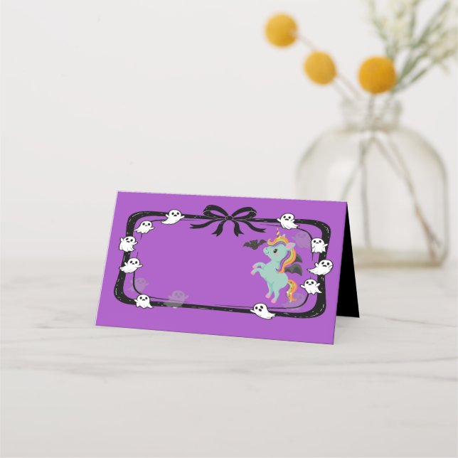 Halloween Unicorn Greeting Bat Purple Place Card (Front)