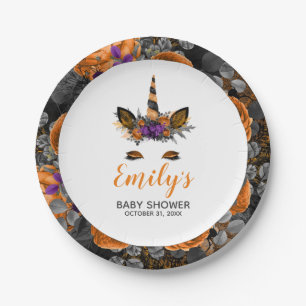 Halloween Unicorn Orange Black Baby Shower Paper Plate