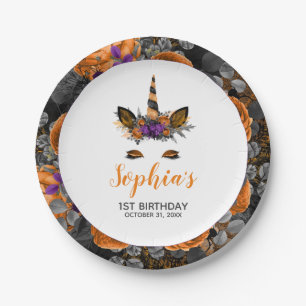 Halloween Unicorn Orange Black Birthday Party Paper Plate