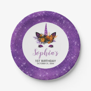 Halloween Unicorn Purple Glitter Birthday Party Paper Plate