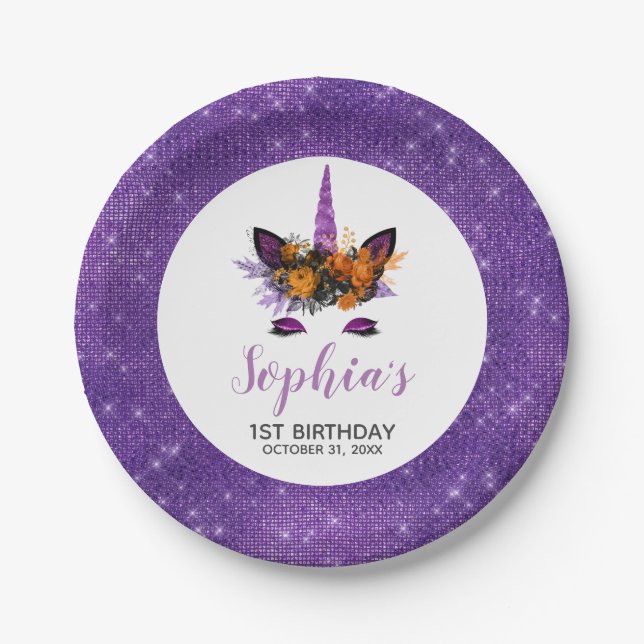 Halloween Unicorn Purple Glitter Birthday Party Paper Plate (Front)