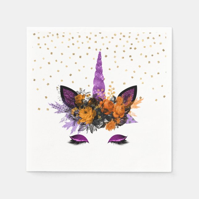 Halloween Unicorn Purple Glitter Party Napkin (Front)