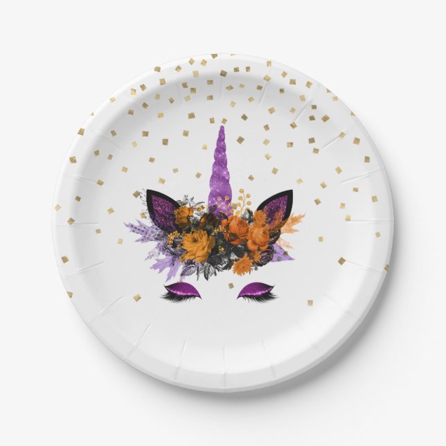 Halloween Unicorn Purple Glitter Party Paper Plate (Front)