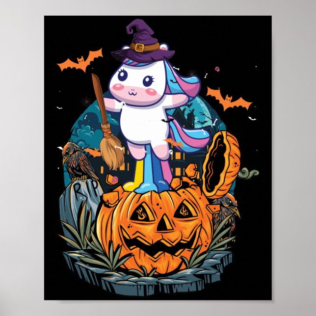 Halloween Unicorn With Pumpkin Girls Kids Witchy Poster (Front)