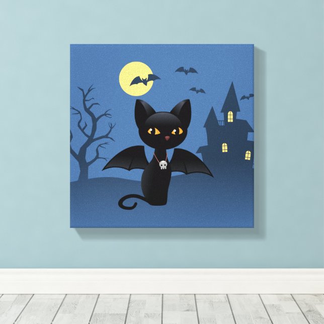Halloween Vampire Black Cat with Wings Canvas Print (Insitu(Wood Floor))