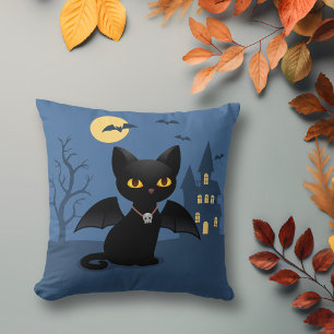 Halloween Vampire Black Cat with Wings Cushion