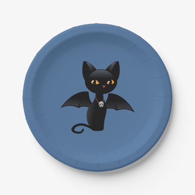 Halloween Vampire Black Cat with Wings Paper Plate (Front)