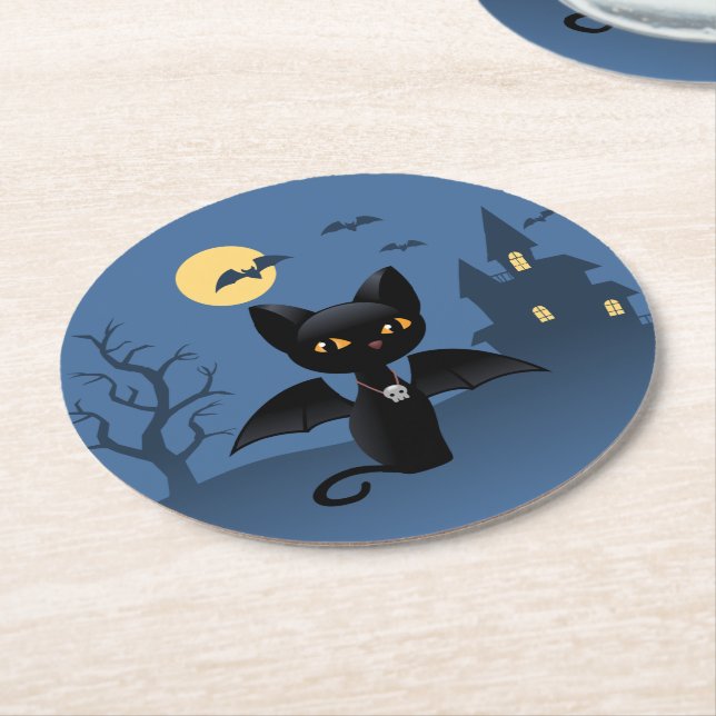 Halloween Vampire Black Cat with Wings Round Paper Coaster (Angled)