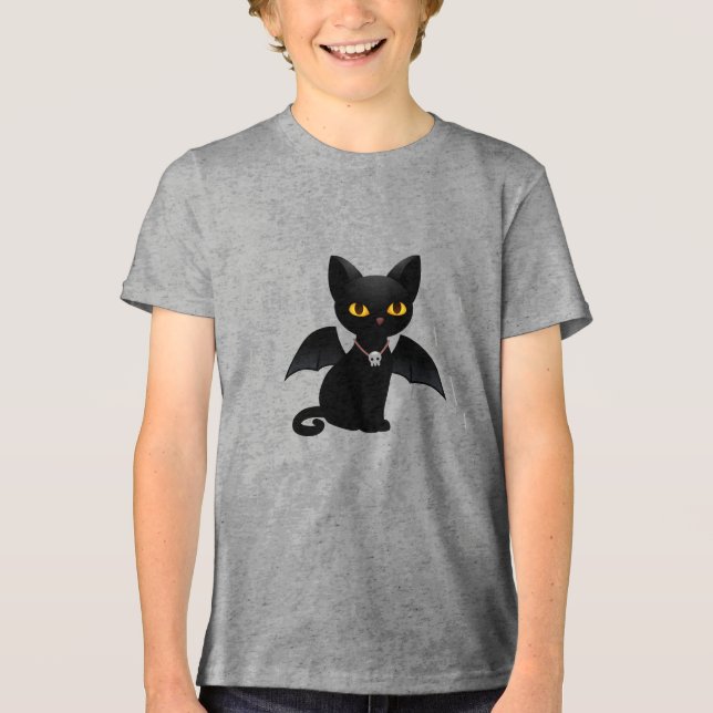Halloween Vampire Black Cat with Wings Tri-Blend Shirt (Front)