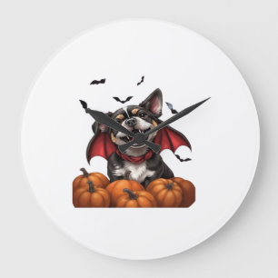 Halloween Vampire Dog with Pumpkins Classic T-Shir Large Clock