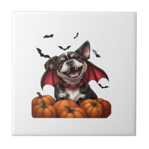 Halloween Vampire Dog with Pumpkins Classic T-Shir Tile