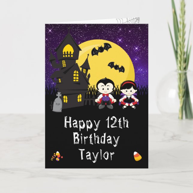 Halloween Vampires Purple Happy Birthday  Card (Front)