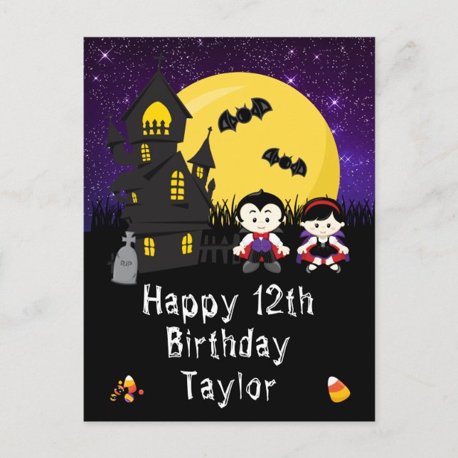 Halloween Vampires Purple Happy Birthday Postcard (Front)