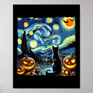 Halloween Van Gogh Starry Night Black Cat Poster