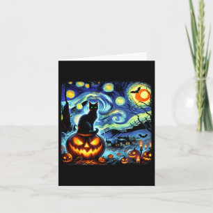 Halloween Van Gogh Starry Night Black Cat Pumpkins Card