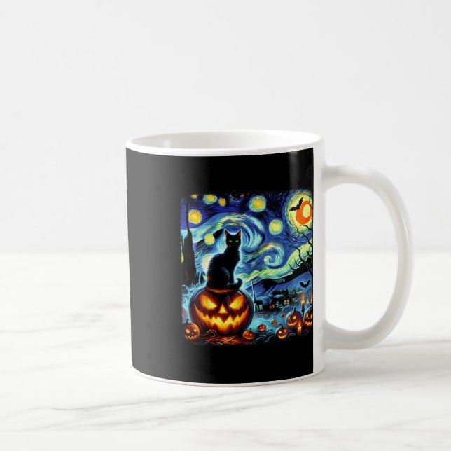 Halloween Van Gogh Starry Night Black Cat Pumpkins Coffee Mug (Right)