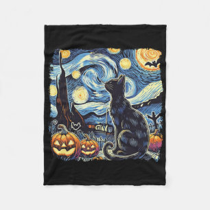 Halloween Van Gogh Starry Night Black Cat Pumpkins Fleece Blanket