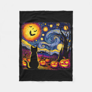 Halloween Van Gogh Starry Night Black Cat Pumpkins Fleece Blanket