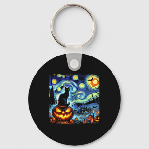 Halloween Van Gogh Starry Night Black Cat Pumpkins Key Ring