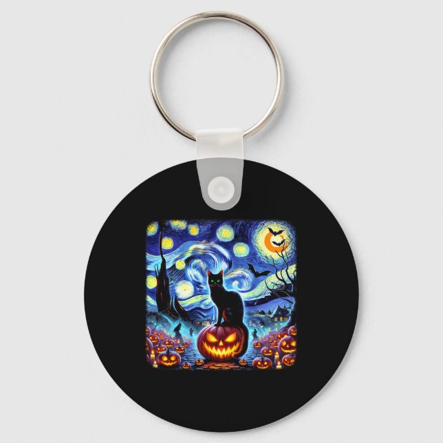 Halloween Van Gogh Starry Night Black Cat Pumpkins Key Ring (Front)