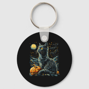 Halloween Van Gogh Starry Night Black Cat Pumpkins Key Ring