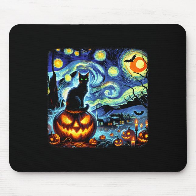 Halloween Van Gogh Starry Night Black Cat Pumpkins Mouse Mat (Front)