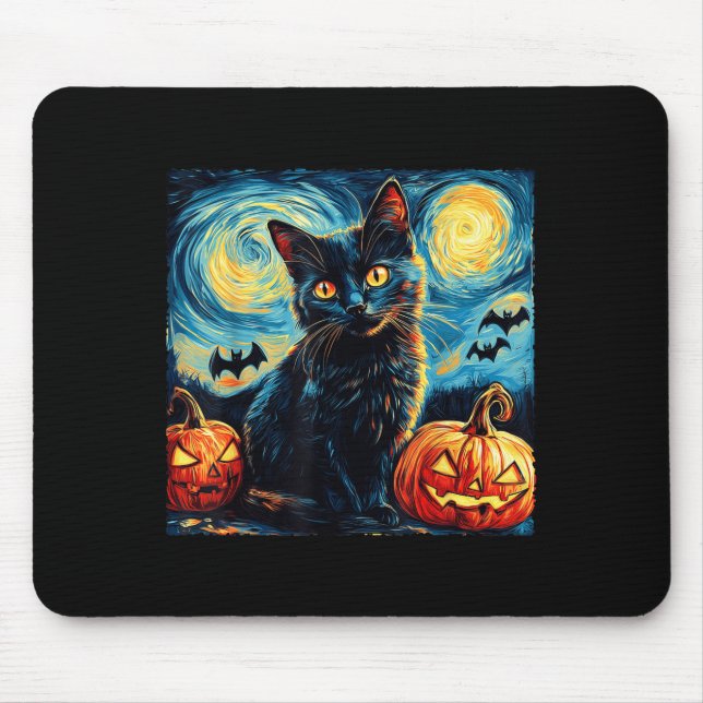 Halloween Van Gogh Starry Night Black Cat Pumpkins Mouse Mat (Front)