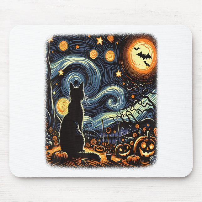 Halloween Van Gogh Starry Night Black Cat Pumpkins Mouse Mat (Front)