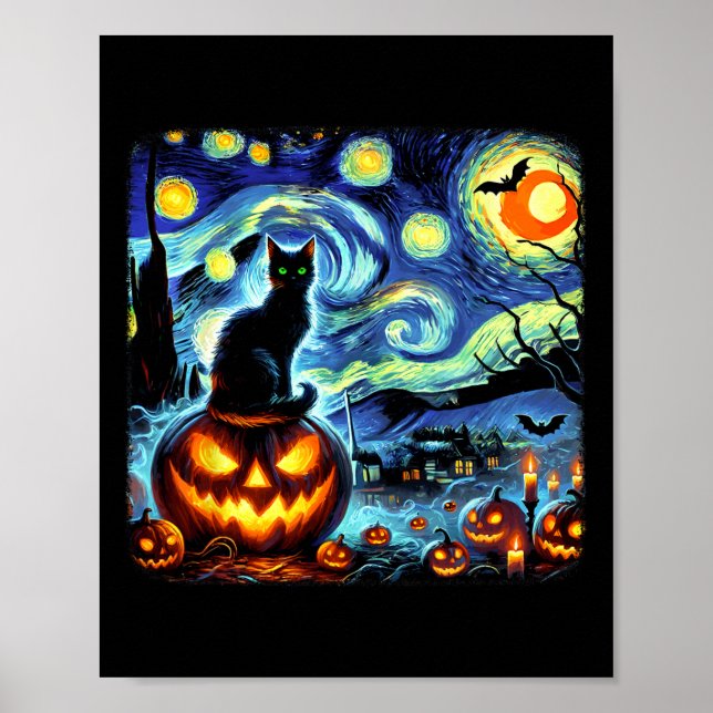 Halloween Van Gogh Starry Night Black Cat Pumpkins Poster (Front)