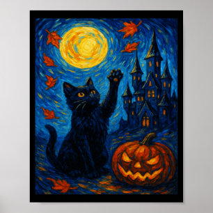 Halloween Van Gogh Starry Night Black Cat Pumpkins Poster