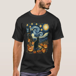 Halloween Van Gogh Starry Night Black Cat Pumpkins T-Shirt