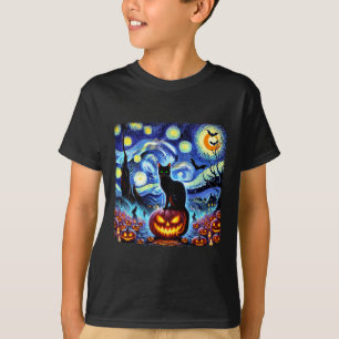 Halloween Van Gogh Starry Night Black Cat Pumpkins T-Shirt