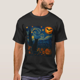 Halloween Van Gogh Starry Night Black Cat Pumpkins T-Shirt